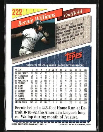 1993 Topps Bernie Williams Baseball Card #222