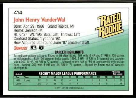 1992 Donruss Rated Rookie John Henry VanderWal Baseball Card #414